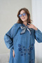 Women's Scarf Detailed Butterfly Embroidered Wide Fit Long Denim Dress - 3