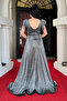 Glittery Crepe Fabric Shoulder Ruffled Evening Dress - Silver - 5