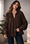 Women's Casual Fit Oversized Ruched Low Shoulder Textured Shirt - Cuff Detail