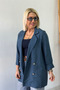 Navy Blue Buttoned Three-Quarter Sleeve Blazer Jacket - 2