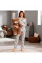 Gray Color Coffee Teddy Bear & Heart Pattern Shirt Collar Milan Fabric Spring Long Sleeve Women's Pajama Set - 2