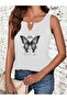 Women's Butterfly Printed Half V-Neck Sleeveless Regular Fit Casual T-Shirt