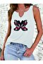 Women's Butterfly Printed Half V-Neck Sleeveless Regular Fit Casual T-Shirt - 3