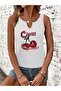 Women's Cherry Printed Half V-Neck Sleeveless Regular Fit Casual T-Shirt - 3