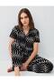 Women's Black Patterned Pajama Set – 50% Cotton 50% Modal, Short Sleeve Shirt Collar Top &