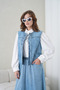 Women's Collarless Tie-Detail Wide Fit Jeans with Embroidery on the Front and Stone Detail Vest and Denim Skirt Top and Bottom Set