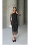 Women's Black Glittery Tulle Detail Asymmetrical One Shoulder Long Sleeve Midi Evening Dress - 5