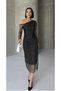 Women's Black Glittery Tulle Detail Asymmetrical One Shoulder Long Sleeve Midi Evening Dress