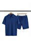 Men's Blue Ottoman Fabric Shorts Set Fit Polo Collar Casual