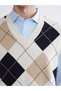 Beige V-Neck Diamond Patterned Men's Knitwear Sweater - 3