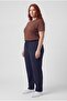 Women's Plus Size Button Detail Sho Fabric Knitted Navy Blue Trousers - 3