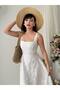 Cinderella British Beige Fabric Pink Floral Embroidered Strap Long Dress - 5