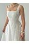 Cinderella British Beige Fabric Pink Floral Embroidered Strap Long Dress - 3
