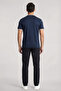 Men's Regular Fit Round Striped Collar Metallic Logo Detailed Short Sleeve Navy Blue T-Shirt - 3