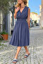 Italian Navy Blue K Double-Breasted Collar Shoulder B Ruched Y Soft-Textured Elastic Waist D Woven Dress 110 35