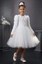 Tü Tulle Ü Long Sleeve Rose Buckled Girls Party Dress White - 2