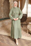 Çağla Elastic Sleeves Buttoned Waist Tie-Detail Gofre Dress - 3