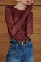 Slim Fit Crew Neck Long Sleeve Semi Sheer Lace Blouse