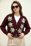 Floral Motif Sequin Detailed Cardigan - Burgundy