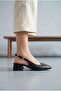 Women's Black Leather Gold Buckle Pointed Toe Ankle Strap Low Heel Summer Slingback Shoes - 8