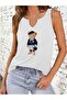Women's Teddy Bear Printed Half V-Neck Sleeveless Regular Fit Comfortable T-Shirt - 2