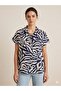 Women's Navy Blue White Patterned Short Sleeve Shirt – Zebra Pattern, Relaxed Fit Summer Blouse