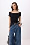 Siyah Fitted/Vücuda Oturan Carmen Yaka Kısa Kollu Yumuşak Örme Bluz TWOSS26BZ00730 - 2