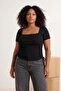 Black Square Neck Gathered Camisole Knitted Plus Size Blouse Tbbss26Af00047