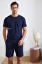 Navy Blue Reguar Fit Printed Knitted Shorts Pajama Set Tmnss24Pt00001 - 3