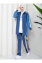 3 Piece Women's Sports Set Two Thread Pa Cotton Ot Detailed Striped Set N-05500 _ Blue - 2