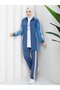 3 Piece Women's Sports Set Two Thread Pa Cotton Ot Detailed Striped Set N-05500 _ Blue