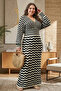 Women's Black White Zigzag Patterned V-Neck Long Knit Dress - 2
