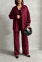 Women's Burgundy Leopard Patterned Satin Suit - 3