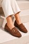 Tuft Gold Buckled Tasseled Suede Women's Casual Loafers Shoes - 6
