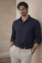 Half Placket Collar York Cotton Fabric Long Sleeve Men's Shirt - Navy Blue