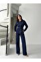 Belted Navy Blue Double Jacket+Pants Denim Suit - 3