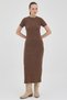 Coffee Short Sleeve Corded Fabric Slim Dress 8131A - 3