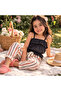 Girl's Strappy Cropped Black T-Shirt Striped Pants Top and Bottom Set - 4