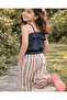 Girl's Strappy Cropped Black T-Shirt Striped Pants Top and Bottom Set - 8