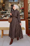 Women's Plaid Pattern Collar Tie-Detail Skirt Suit Brown