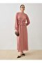 Chiffon Fabric Waist Fold Detailed Hijab Dress - Dark Rose -