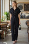 Women's Black Front Buttoned Belted Waist Pocketed Bat Sleeve Palazzo Jumpsuit Arm-24Y001105 - 3