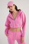 Women's Pink Hooded Long Sleeve Zippered Crop Mixed Sweat