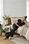 Women's Black Short Sleeve Pajama Set with Stitching Detail - 3