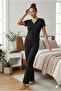 Women's Black Short Sleeve Pajama Set with Stitching Detail - 2
