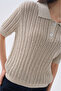 Women's Beige Oversize Polo Collar Linen Blend Short Sleeve Sweater - 3