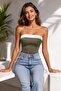 Women's Khaki Striped Detail Staplez Bustier Cropped - 4