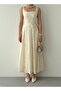 Cinderella British Beige Fabric Pink Floral Embroidered Strap Long Dress - 4