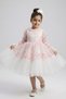 Girls Bell Sleeve Tulle Detail Puffy Skirt Special Occasion Wedding Dress M00793 PINK
