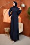 Navy Blue Evening Dress with Sleeve and Back Tie Detail - 3